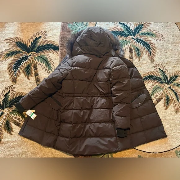 Michael Kors Chocolate Winter Puffer Coat MK Jacket Fur Hood Size S M L XL NWT - Picture 2 of 12